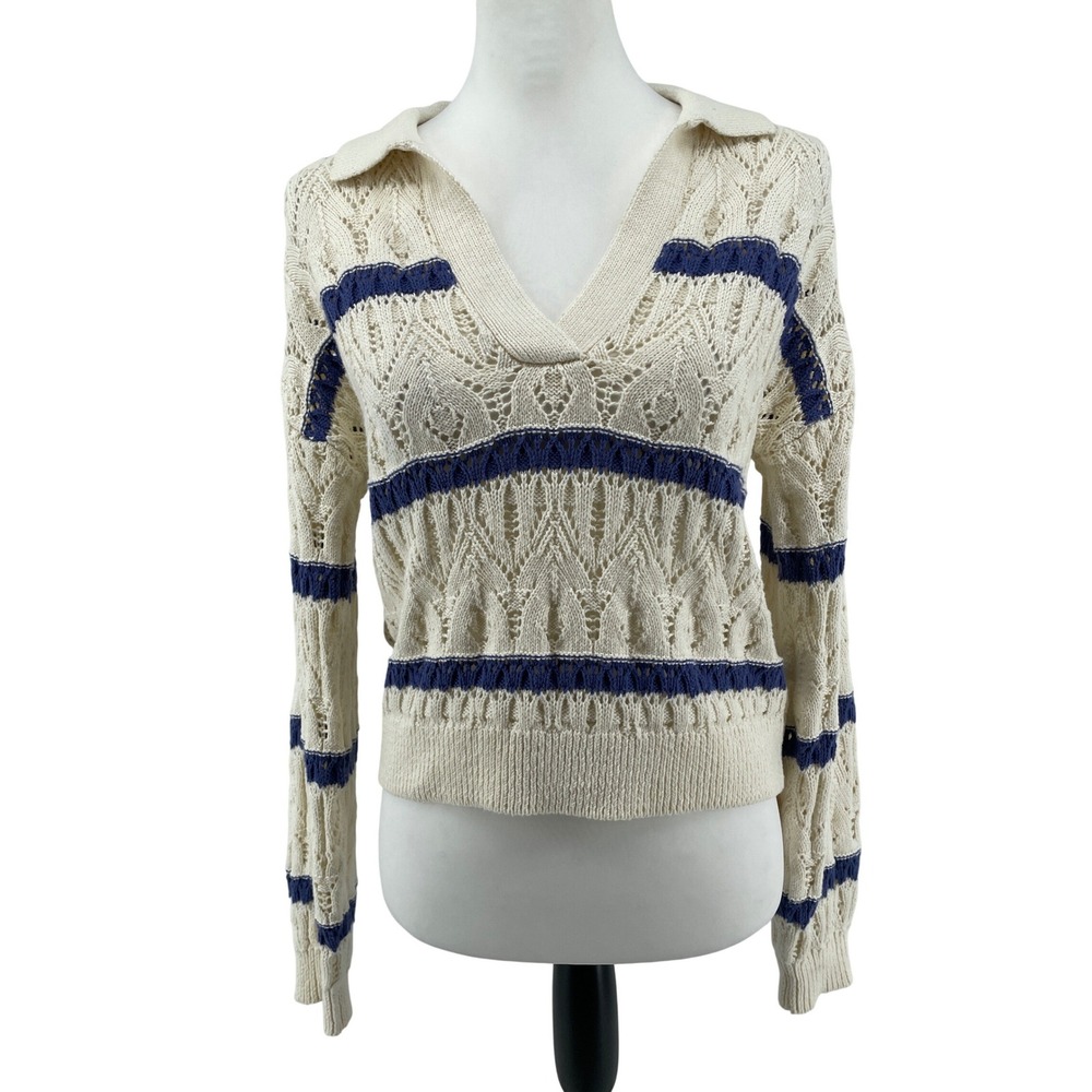 Cotton Knit Sweater Womens XS Blue Striped Polo Collar Coastal Y2K Beachy Preppy